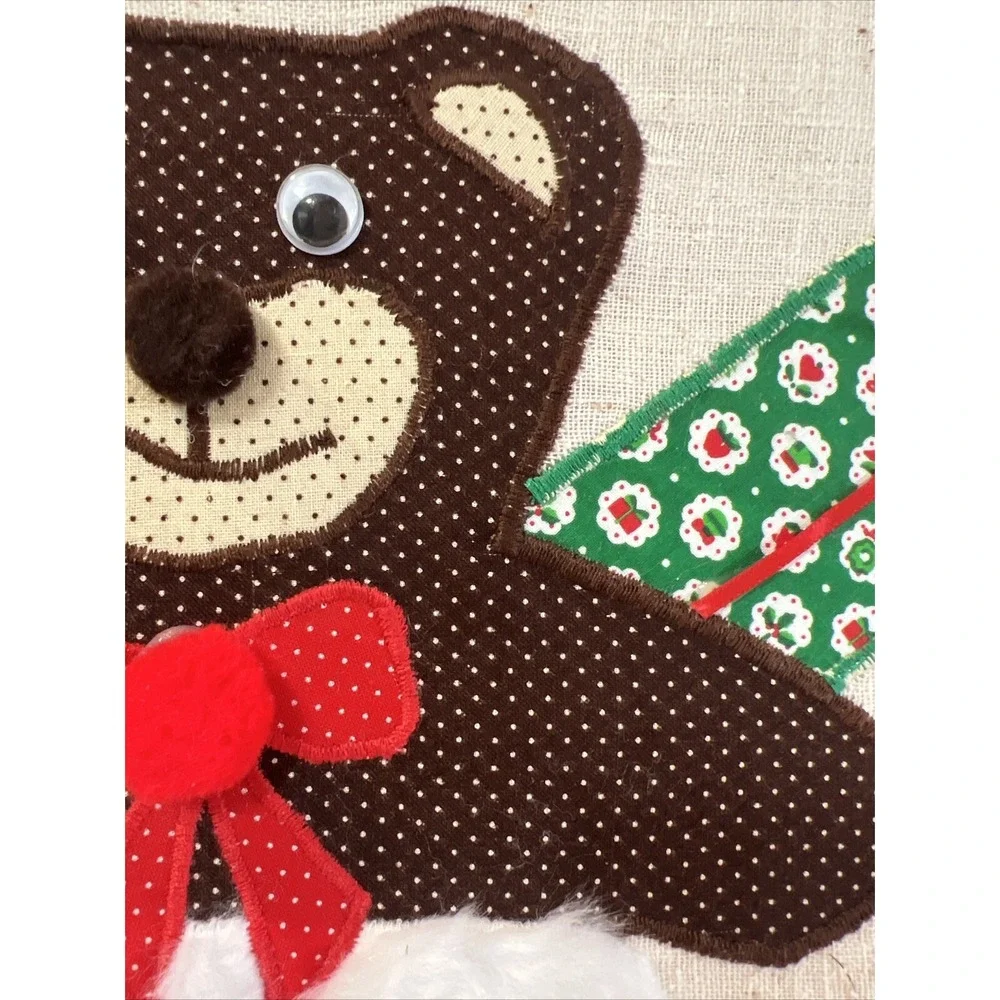 Vintage handmade‎ embroidered teddy bear in stocking Kids nursery wall hanger